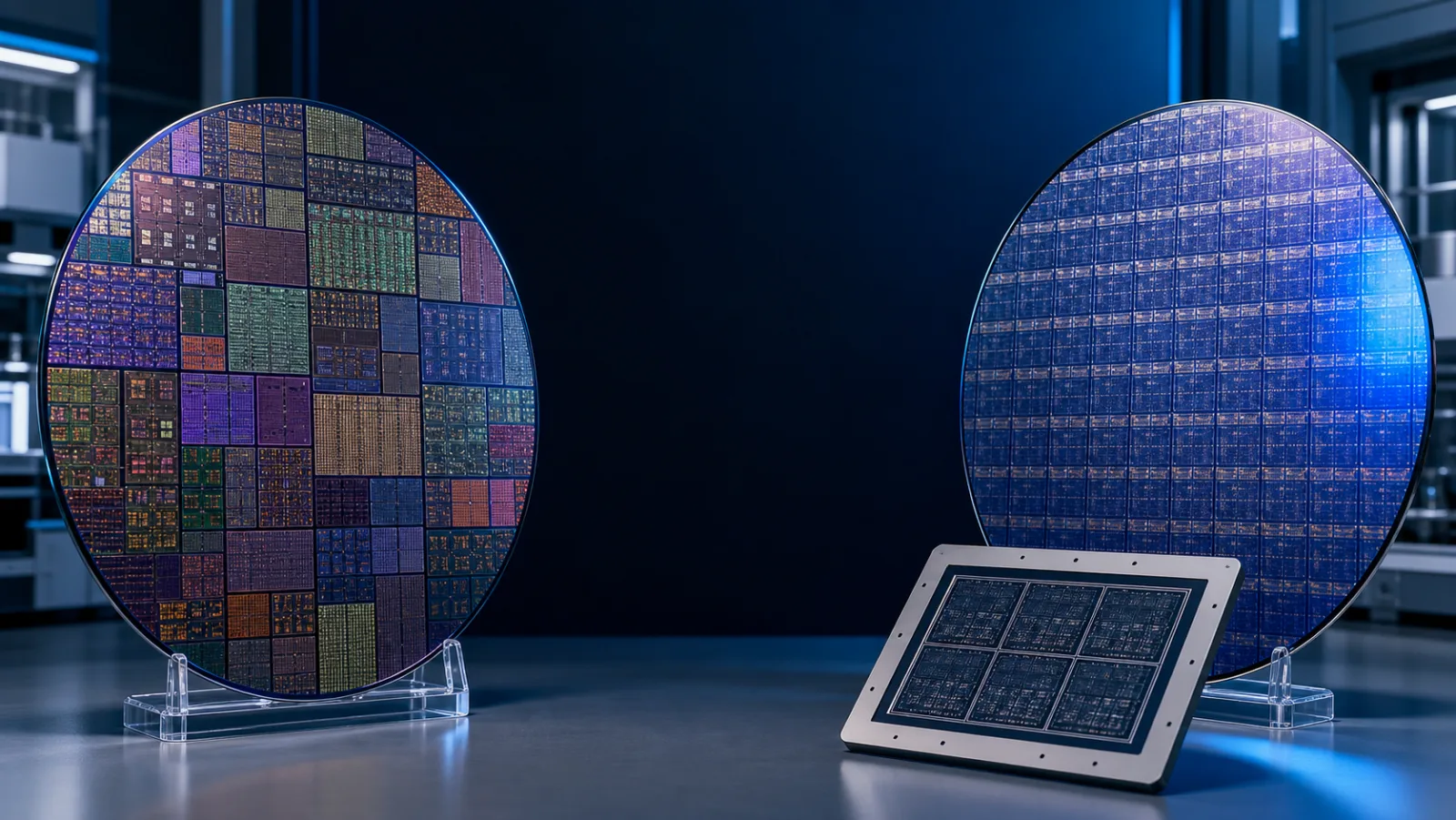 Conceptual comparison of a shared multi-project wafer and a uniform dedicated wafer with a photomask