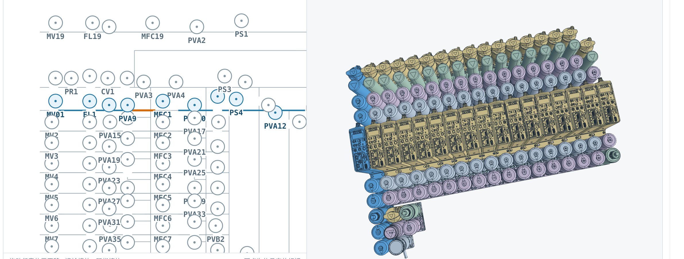 Actual MST P&ID topology branch and corresponding 3D equipment assembly