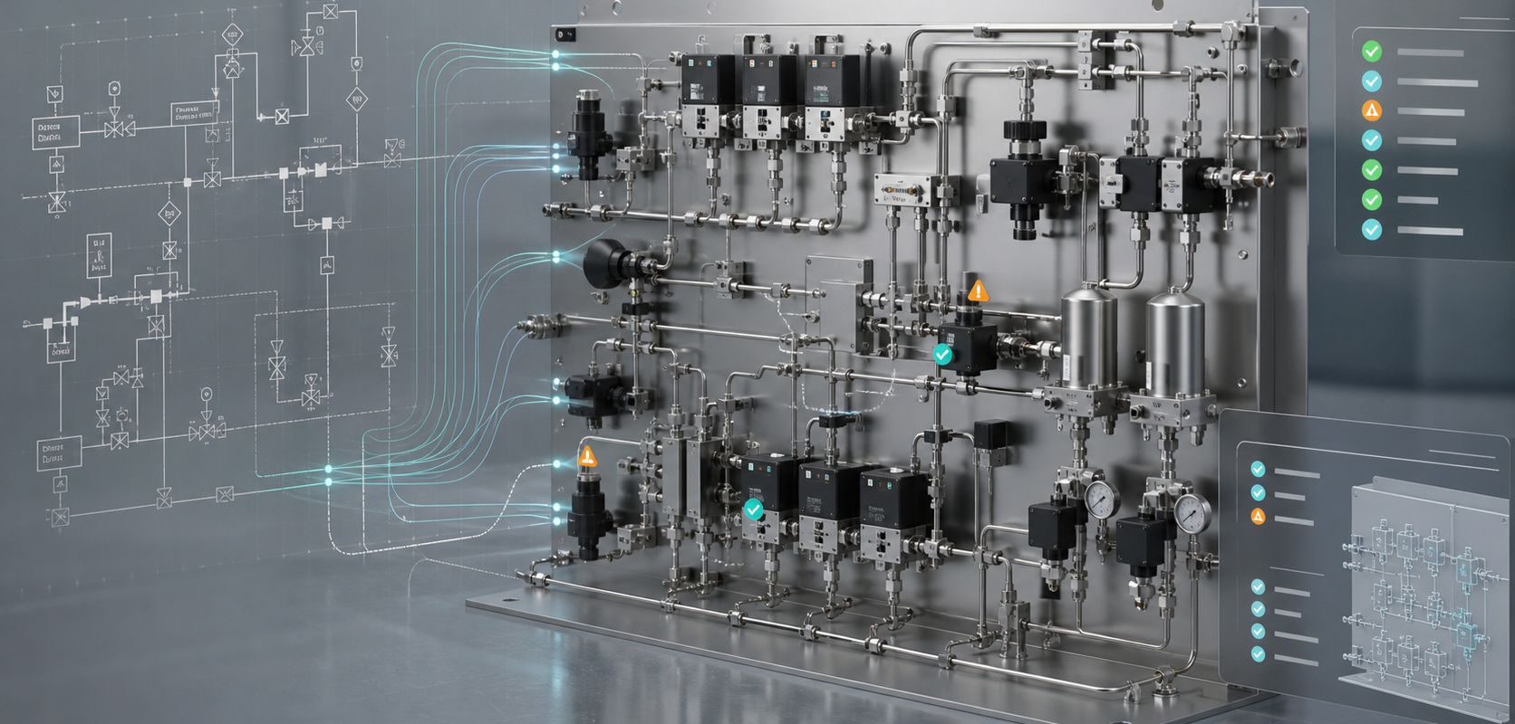 Semiconductor gas panel CAD assembly generated from a P&ID with rule-check indicators