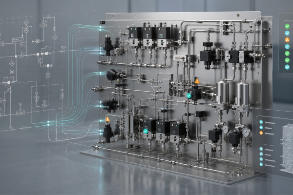 Semiconductor gas panel CAD assembly generated from a P&ID with rule-check indicators