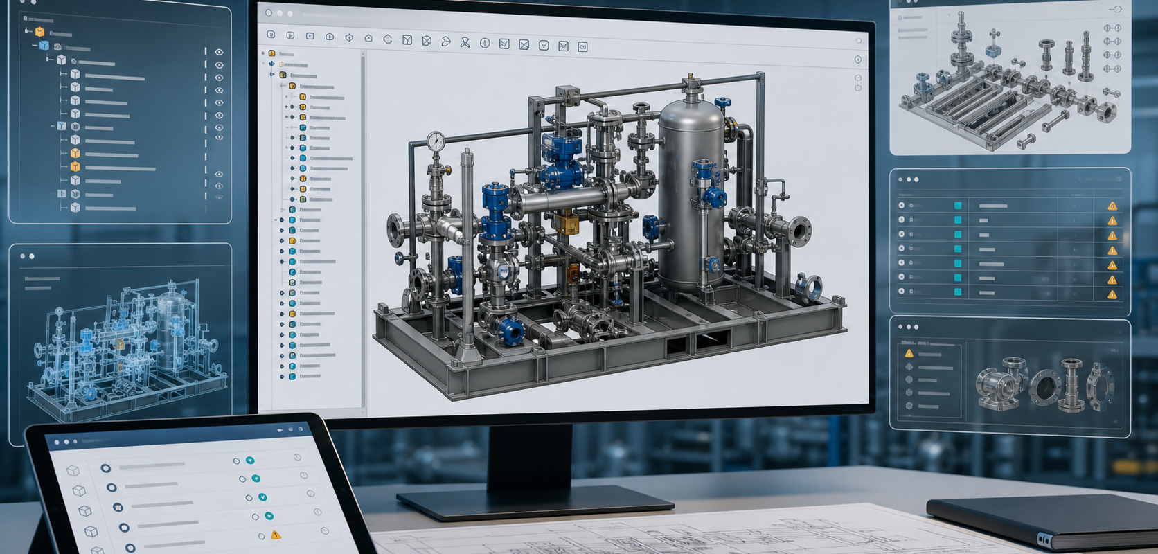 Engineering review screen with native CAD assembly, feature tree, BOM context and exception panels