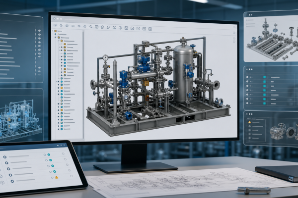 Engineering review screen with native CAD assembly, feature tree, BOM context and exception panels