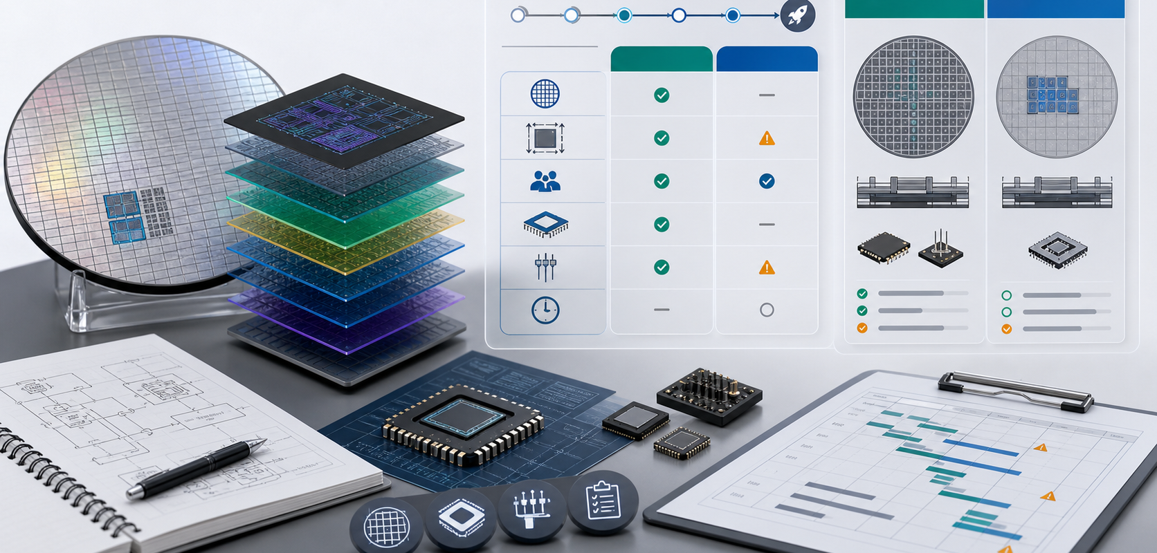 Semiconductor planning board with wafer, mask, package, test and schedule cost-driver icons