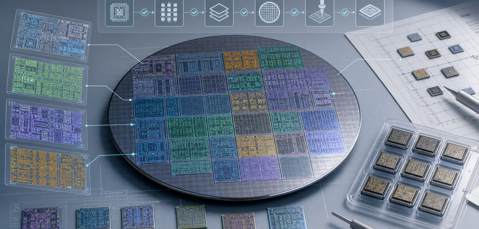 Wafer map with multiple chip projects, reticle grid and prototype chips for MPW shuttle planning