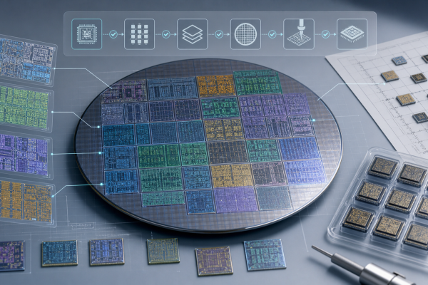 Wafer map with multiple chip projects, reticle grid and prototype chips for MPW shuttle planning