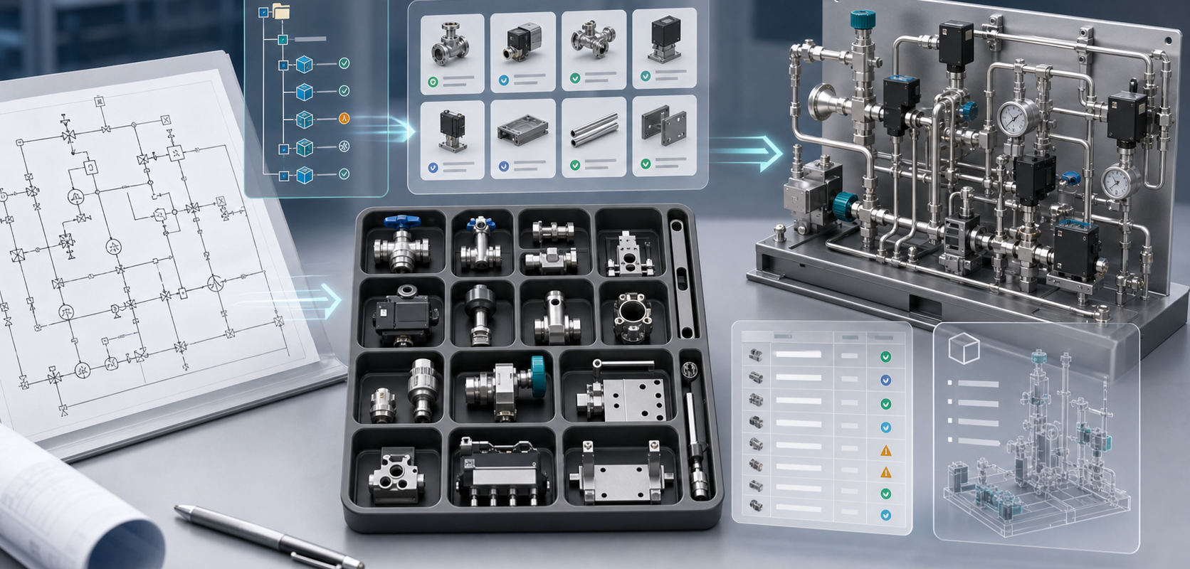 P&ID diagram, approved customer part library and native CAD assembly connected into one engineering workflow