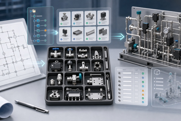 P&ID diagram, approved customer part library and native CAD assembly connected into one engineering workflow