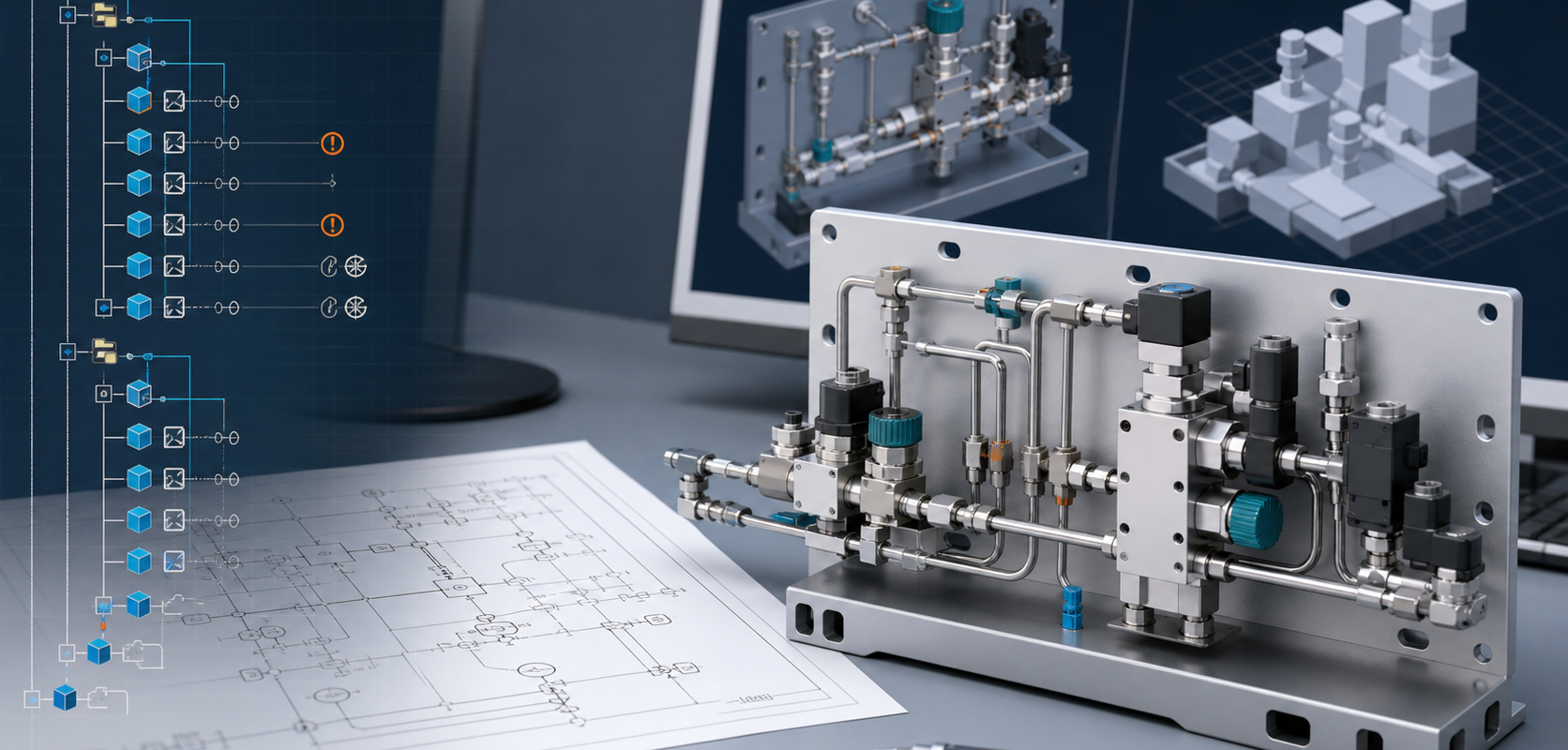 Native SOLIDWORKS assembly with feature tree, P&ID drawing and neutral geometry comparison