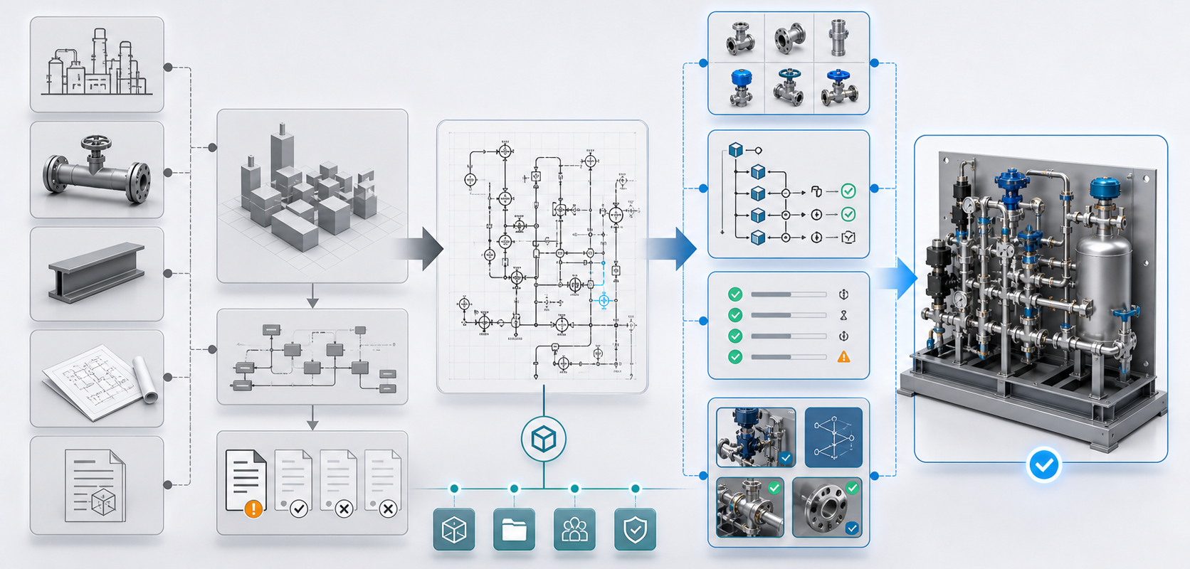 Neutral workflow comparison from P&ID schematic to native SOLIDWORKS gas panel assembly with part library and review markers