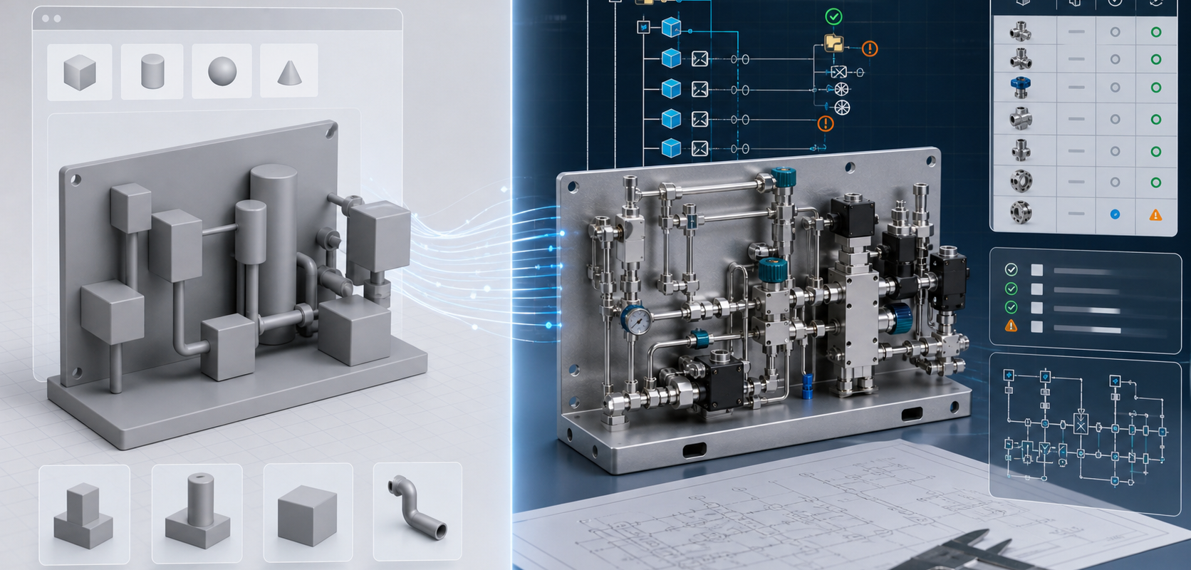 Simple generated CAD geometry compared with detailed native SOLIDWORKS assembly, feature tree, BOM and review markers
