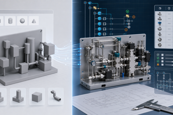 Simple generated CAD geometry compared with detailed native SOLIDWORKS assembly, feature tree, BOM and review markers